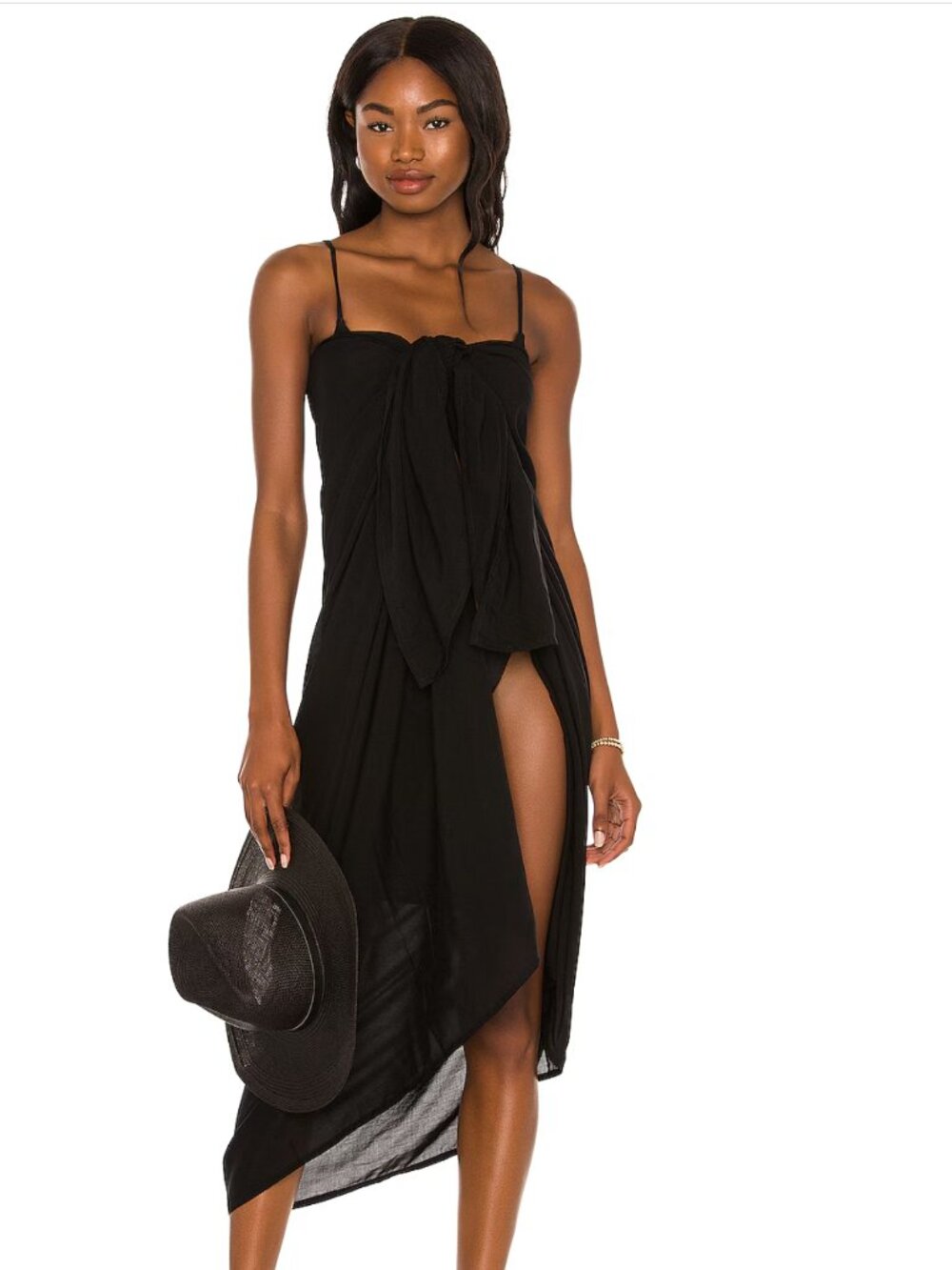 Black Tie-Front Beach Sarong Wrap Midi length